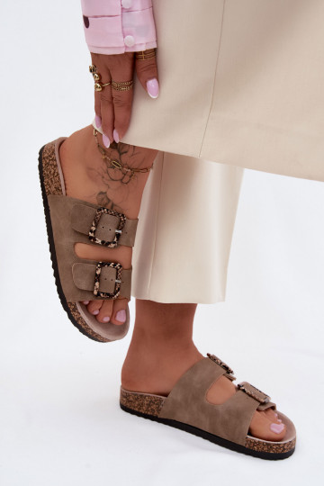 Chinelos femininos Com sola de cortiça com fivelas padrões de cobra bege Melia 2