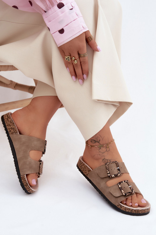 Chinelos femininos Com sola de cortiça com fivelas padrões de cobra bege Melia