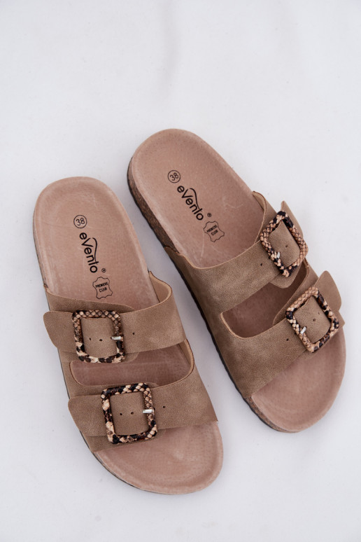 Chinelos femininos Com sola de cortiça com fivelas padrões de cobra bege Melia
