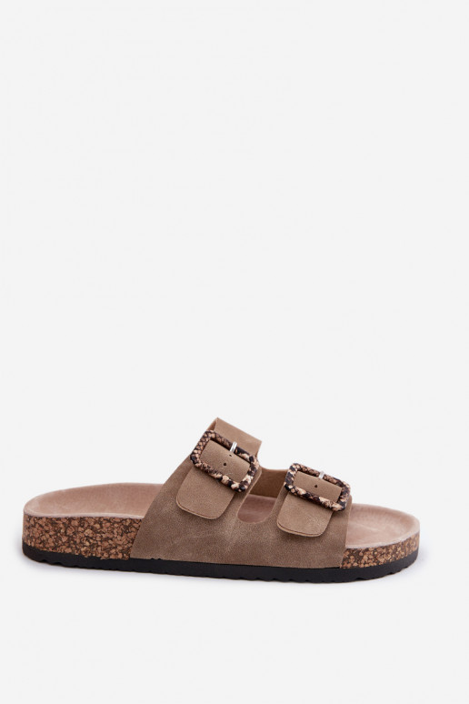 Chinelos femininos Com sola de cortiça com fivelas padrões de cobra bege Melia
