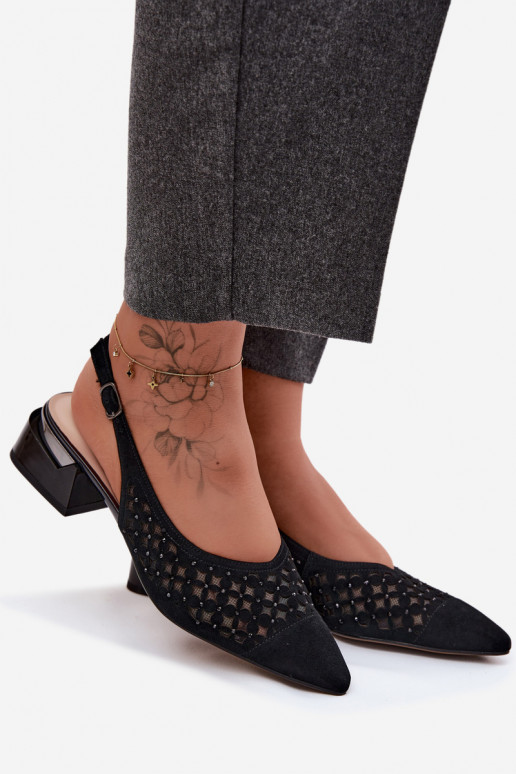 Pele Sandálias femininas de camurça com elementos abertos com malha Klocke D&A CR61-3004 cor preta