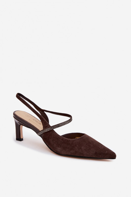 Sapatos de salto elegantes em camurça de cor chocolate com tiras decorativas D&A