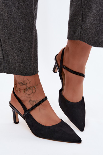 Sapatos de salto elegantes em camurça preta com tiras decorativas D&A 2