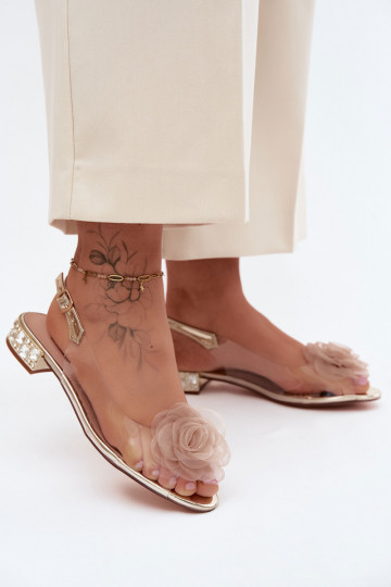 Sandálias transparentes femininas com rosa D&A MR61-9003 douradas