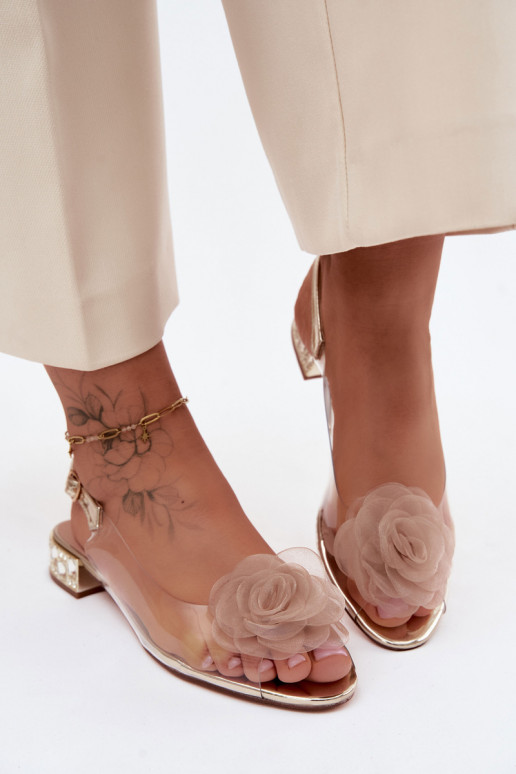 Sandálias transparentes femininas com rosa D&A MR61-9003 douradas