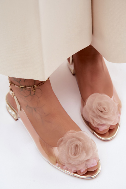 Sandálias transparentes femininas com rosa D&A MR61-9003 douradas