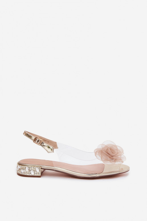 Sandálias transparentes femininas com rosa D&A MR61-9003 douradas