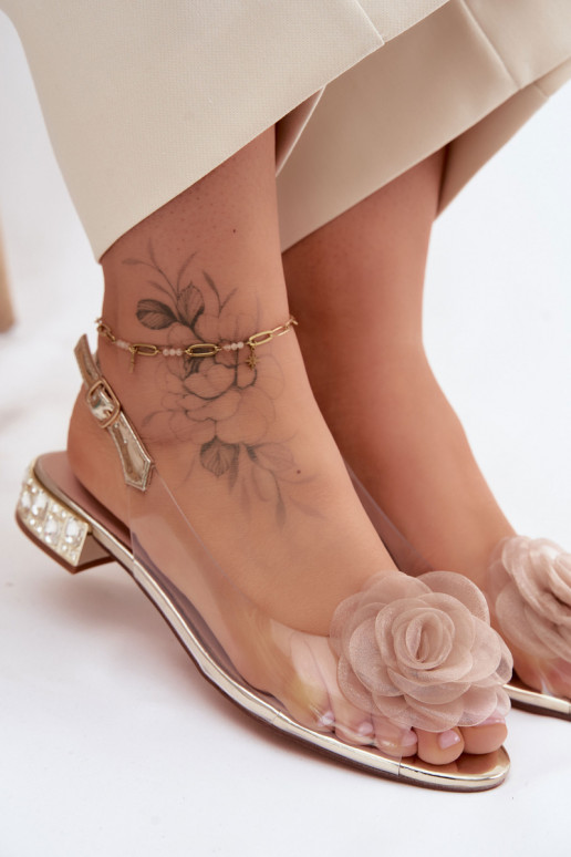 Sandálias transparentes femininas com rosa D&A MR61-9003 douradas