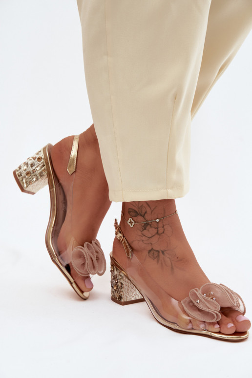 Transparente sandálias com salto com olhos brilhantes D&A MR61-9012 cor dourada