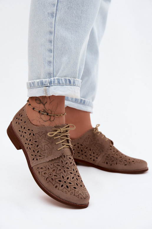 Pele de camurça sapato Feminino com elementos abertos com salto largo Zazoo 4156 cor capuccino