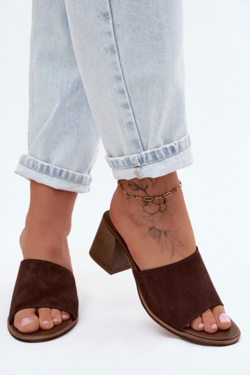 Pele Chinelos femininos de camurça com salto Zazoo 40519 CzekoladoParae 2