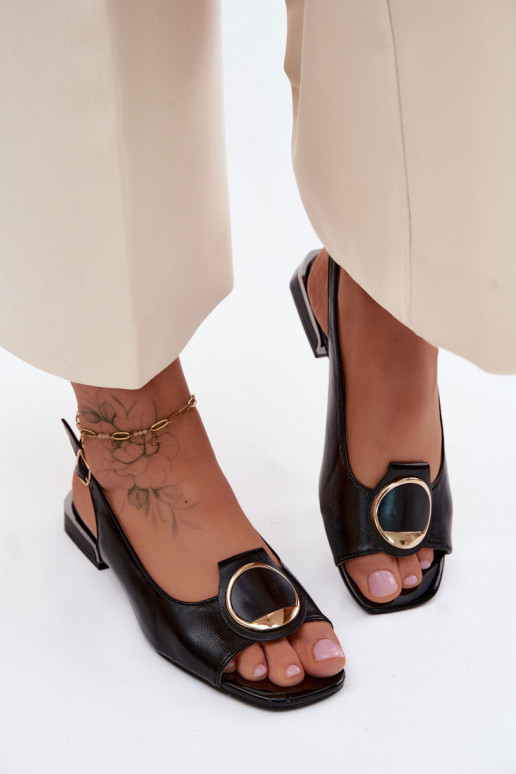 Sandálias femininas com salto largo com enfeites cor preta Glima