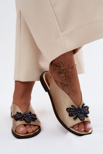 com brilho Sandálias femininas com enfeites isósceles cor dourada Russona