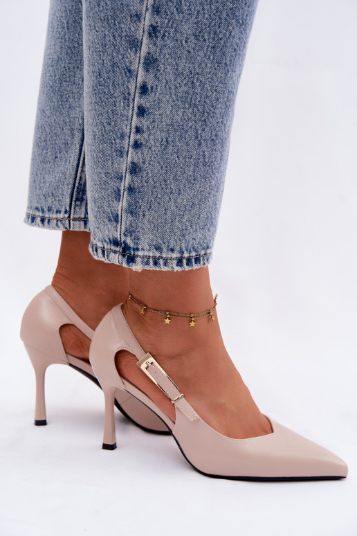 Sapatos de salto alto com recortes e fivelas Vinceza 62288 cor areia