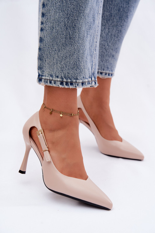 Sapatos de salto alto com recortes e fivelas Vinceza 62288 cor areia