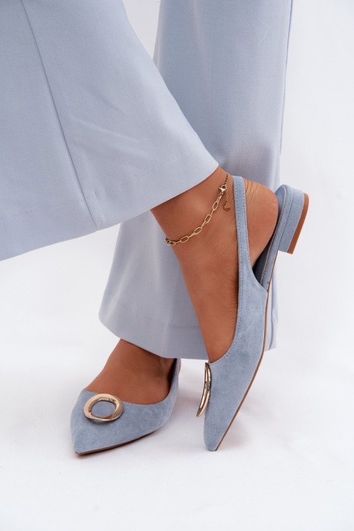 Sandálias femininas com salto largo com enfeites cor azul Sparkle