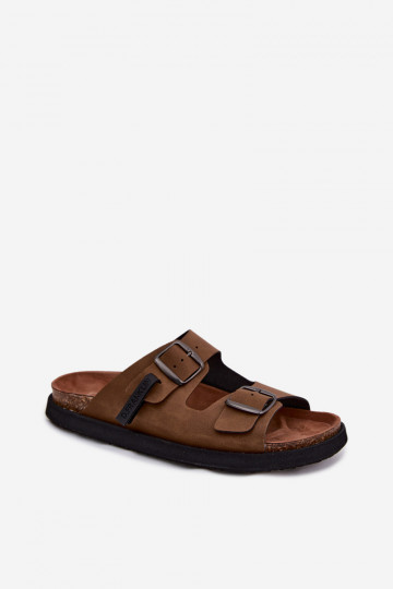 Chinelos de couro para homens com fivelas D.Franklin DFSH407017 cor marrom