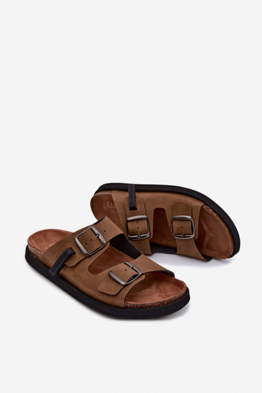 Chinelos de couro para homens com fivelas D.Franklin DFSH407017 cor marrom