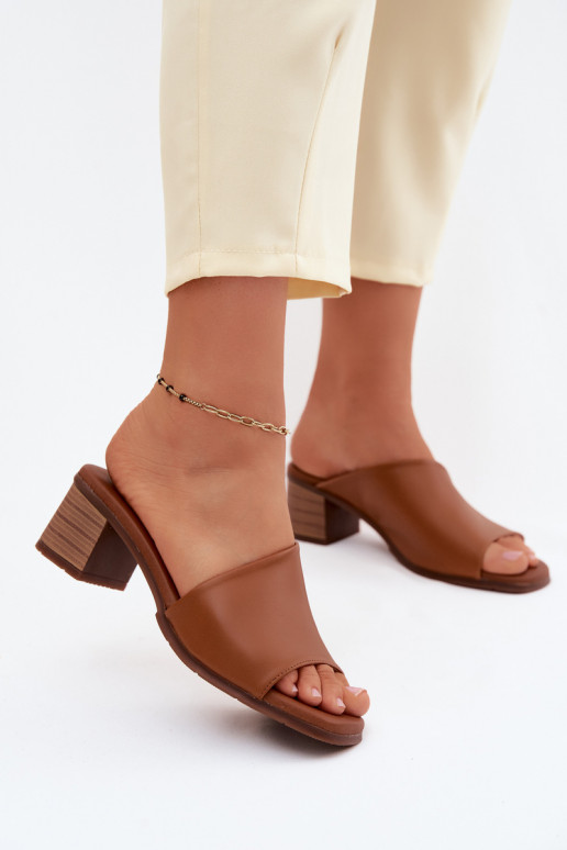 Chinelos de couro Feminino com salto Tem que serciejka E7395-29 cor marrom