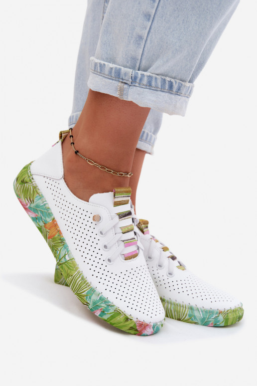 Sapatos de couro com plataforma estampada Artiker 58C0441 branco e verde