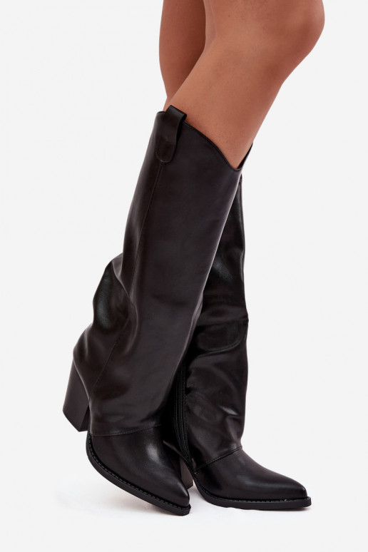 Botas longas pretas em couro sintético estilo cowboy com saltos Tai turivine