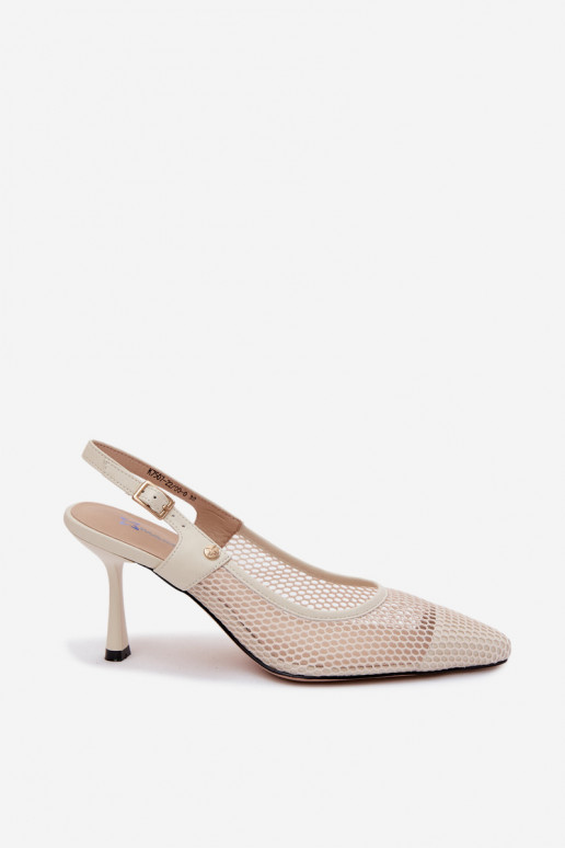Sandálias de couro femininas cor de marfim com saltos finos Tai turiciejka K7507-22