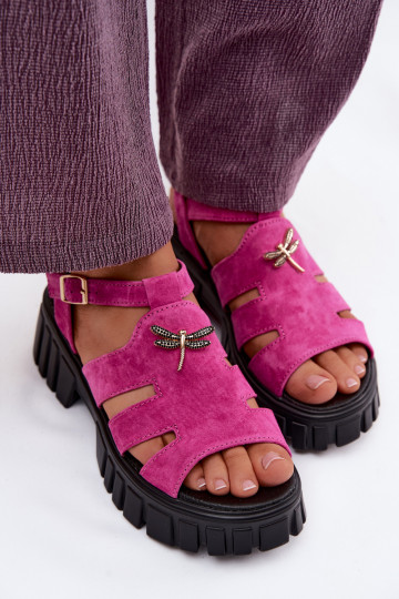 Sandálias de camurça de couro feminino com fivela Vinceza 79627, cor preta