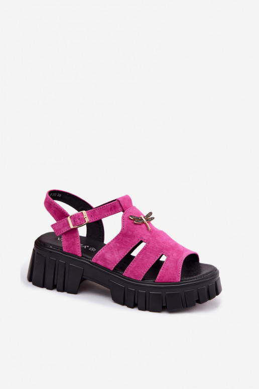 Sandálias de camurça de couro feminino com fivela Vinceza 79627, cor preta
