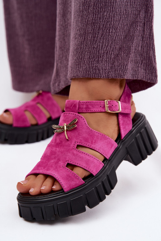 Sandálias de camurça de couro feminino com fivela Vinceza 79627, cor preta