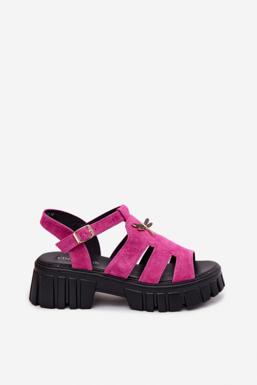 Sandálias de camurça de couro feminino com fivela Vinceza 79627, cor preta