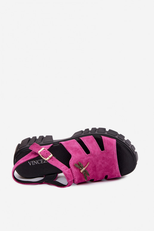 Sandálias de camurça de couro feminino com fivela Vinceza 79627, cor preta