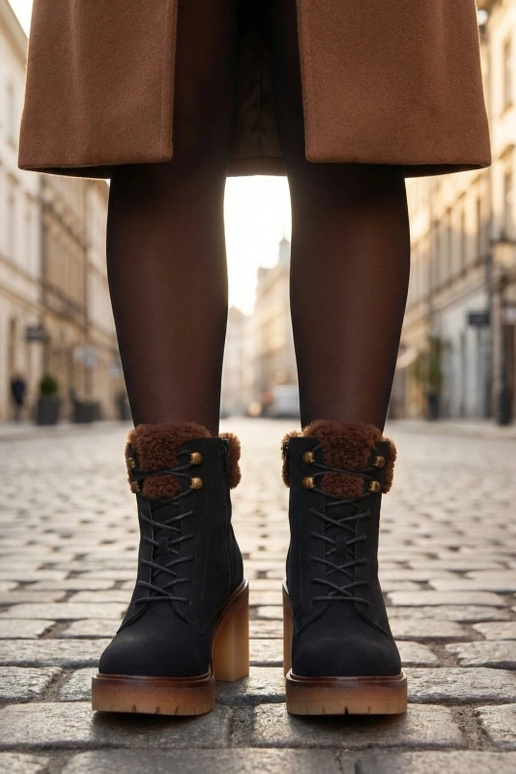 Botins pretos com salto bloco e pelo no cano Alona