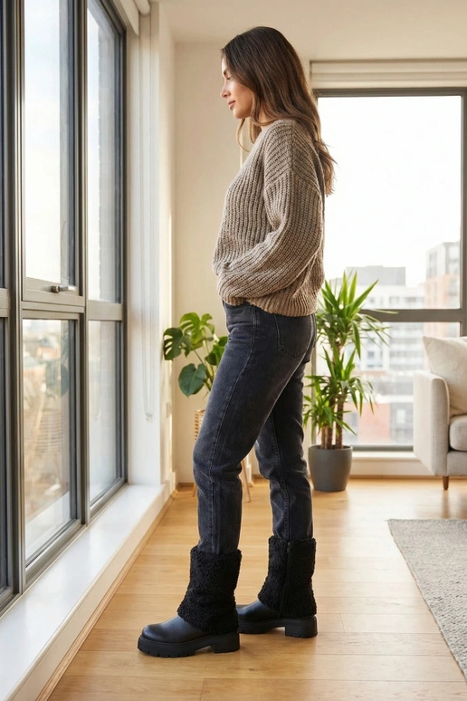 Botins pretos com cano de tecido dobrado Darlene