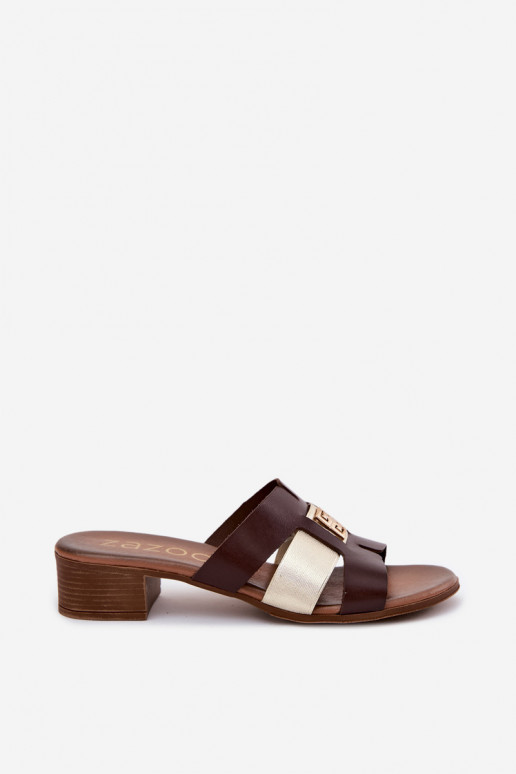 Chinelos de couro femininos com salto Zazoo na cor chocolate