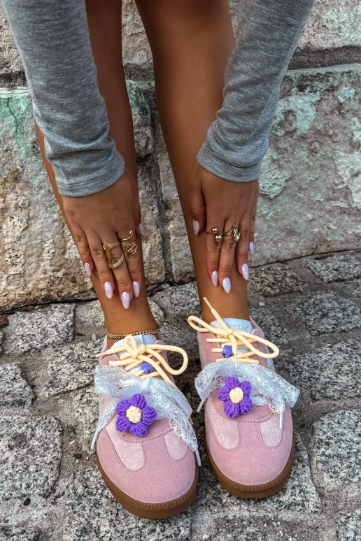 Ténis femininos com flores elegantes e laço na cor rosa Coastelle