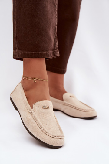 Mocassins beiges femininos com detalhes dourados Sarivelle