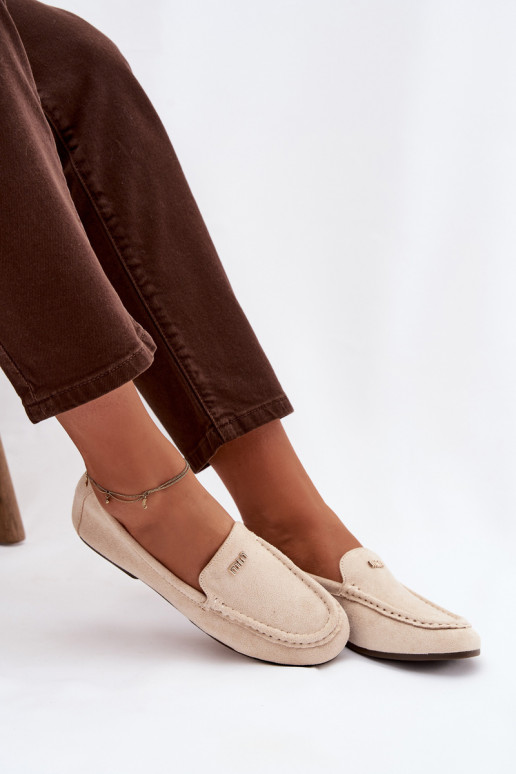 Mocassins beiges femininos com detalhes dourados Sarivelle