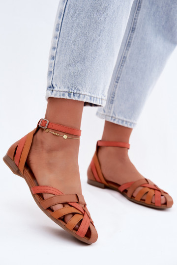 Sandálias femininas laranja castanho com saltos largos e tiras Tai turiciejka P7539-18 2