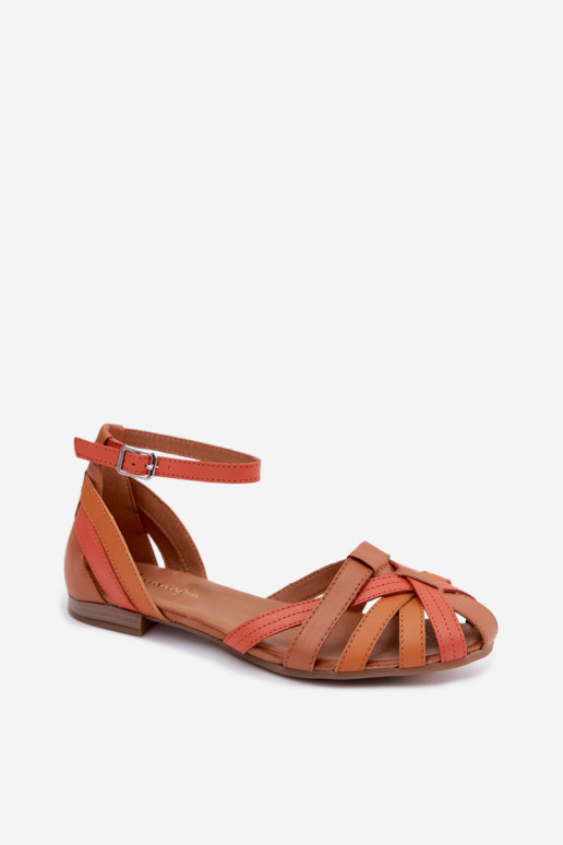 Sandálias femininas laranja castanho com saltos largos e tiras Tai turiciejka P7539-18