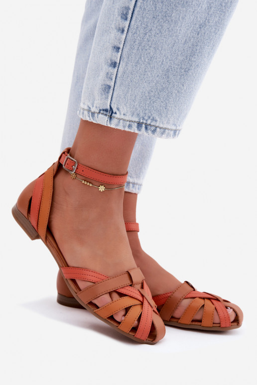Sandálias femininas laranja castanho com saltos largos e tiras Tai turiciejka P7539-18