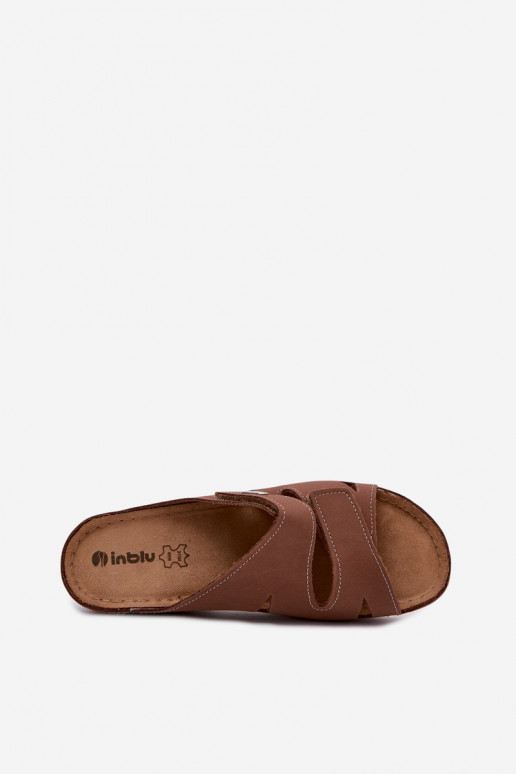 Chinelos de couro femininos marrons com fechos adesivos Inblu OE0001GU