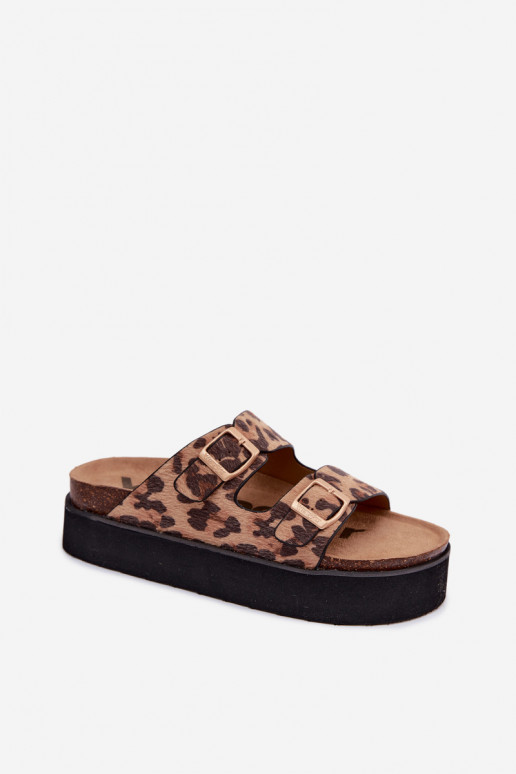 Chinelos femininos com plataforma e fivelas, estampa de leopardo