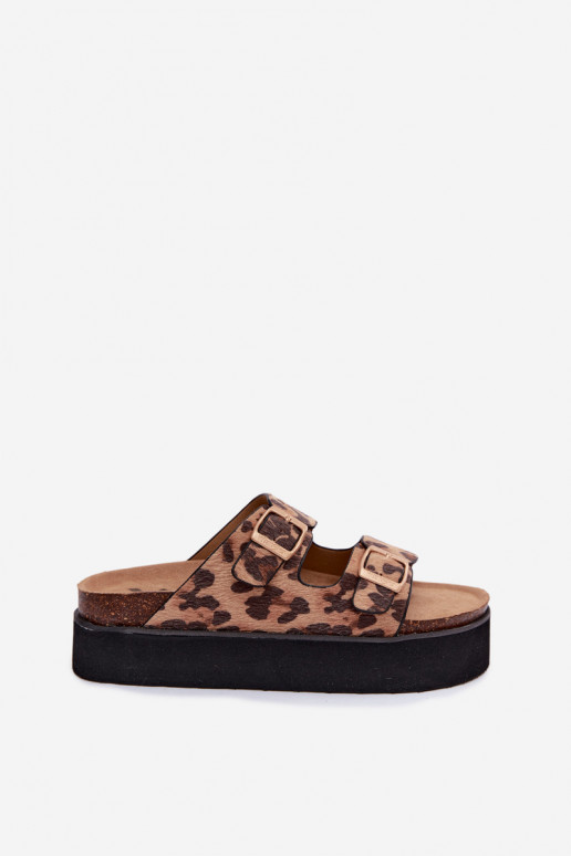 Chinelos femininos com plataforma e fivelas, estampa de leopardo