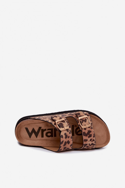 Chinelos femininos com plataforma e fivelas, estampa de leopardo