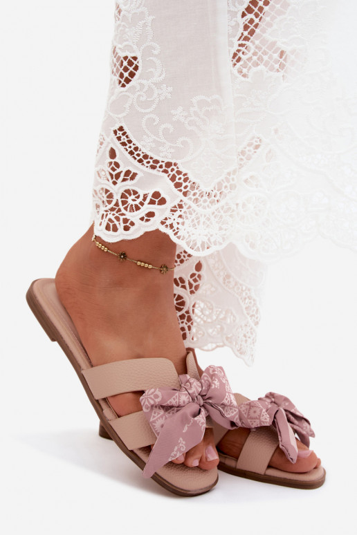 Chinelos femininos com salto largo com fitas Nude Caprissa
