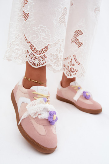 Ténis femininos com flores elegantes e laço na cor rosa Coastelle