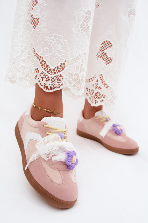 Ténis femininos com flores elegantes e laço na cor rosa Coastelle