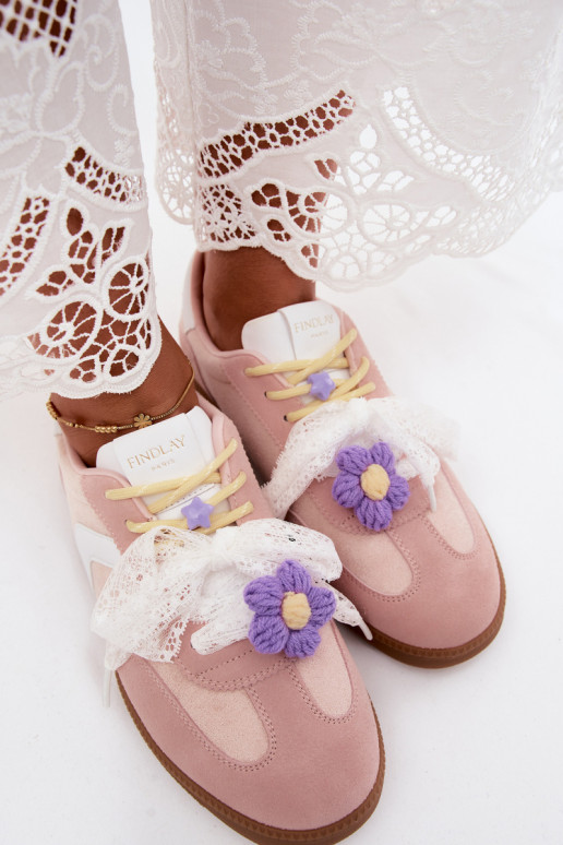 Ténis femininos com flores elegantes e laço na cor rosa Coastelle