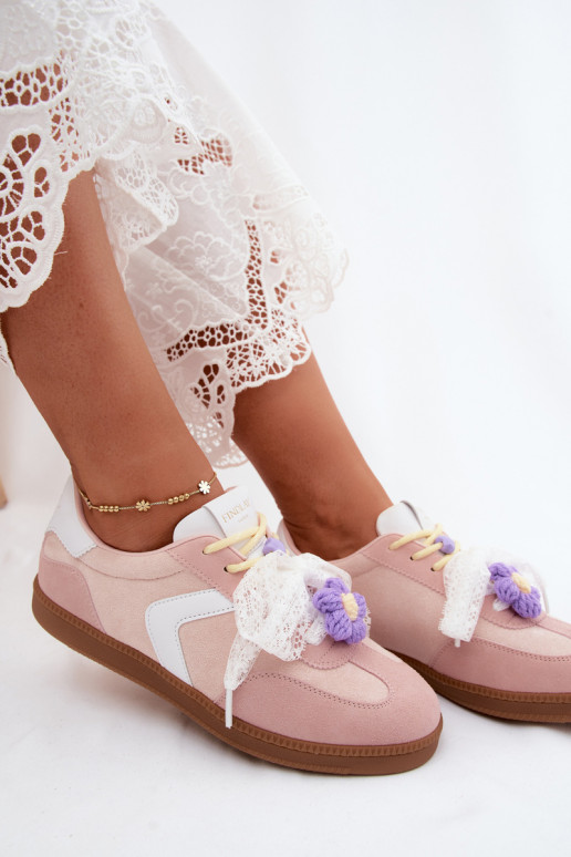 Ténis femininos com flores elegantes e laço na cor rosa Coastelle