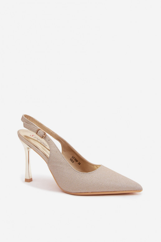 Sapatos de salto altos dourados brilhantes com salto aberto Marcella
